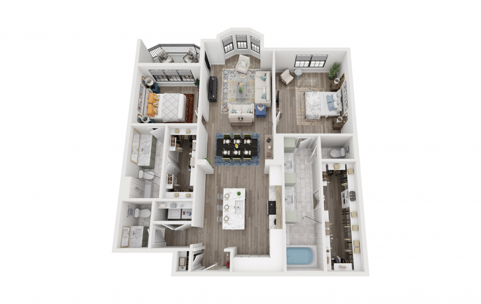 B2 - 2 bedroom floorplan layout with 2.5 baths and 1585 square feet. (3D)