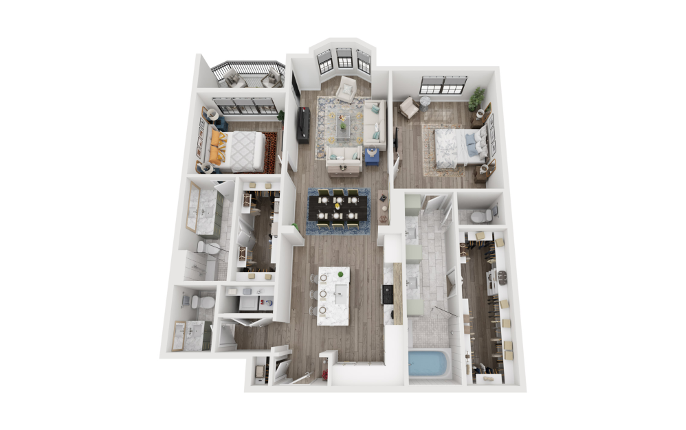 B2 - 2 bedroom floorplan layout with 2.5 bathrooms and 1585 square feet (3D)