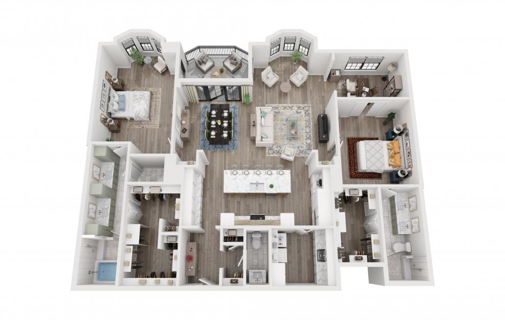 B3 - 2 bedroom floorplan layout with 2.5 baths and 2152 square feet. (3D)
