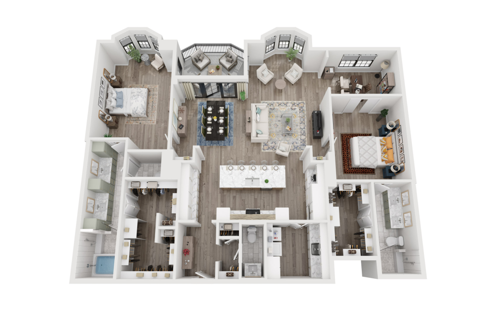 B3 - 2 bedroom floorplan layout with 2.5 bathrooms and 2152 square feet (3D)