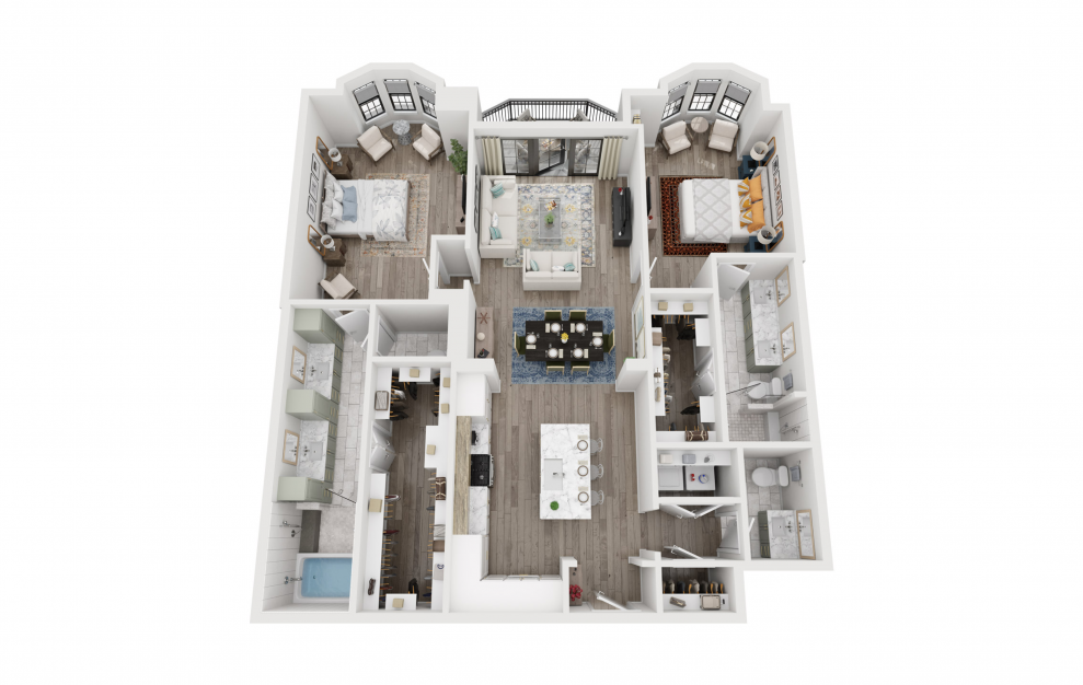 B4 - 2 bedroom floorplan layout with 2.5 baths and 1644 square feet. (3D)
