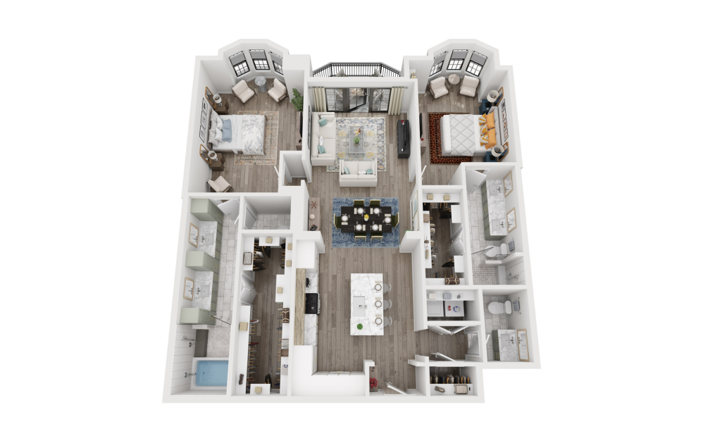 B4 - 2 bedroom floorplan layout with 2.5 bathrooms and 1644 square feet (3D)