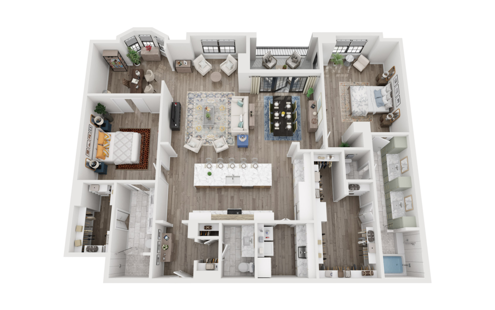 B5 - 2 bedroom floorplan layout with 2.5 bathrooms and 2138 square feet (3D)