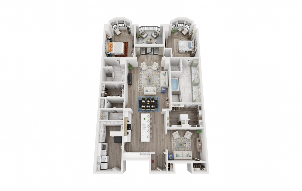 B6 - 2 bedroom floorplan layout with 2.5 baths and 2330 square feet. (3D)