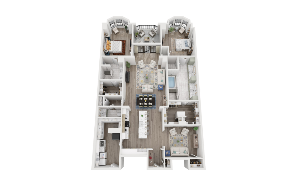 B6 - 2 bedroom floorplan layout with 2.5 bathrooms and 2330 square feet (3D)