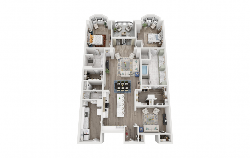 B7 - 2 bedroom floorplan layout with 2.5 baths and 2293 square feet. (3D)