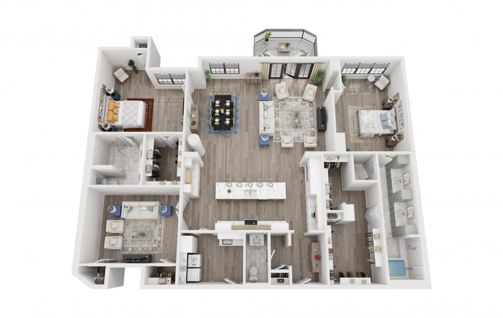 B8 - 2 bedroom floorplan layout with 2.5 baths and 2579 square feet. (3D)