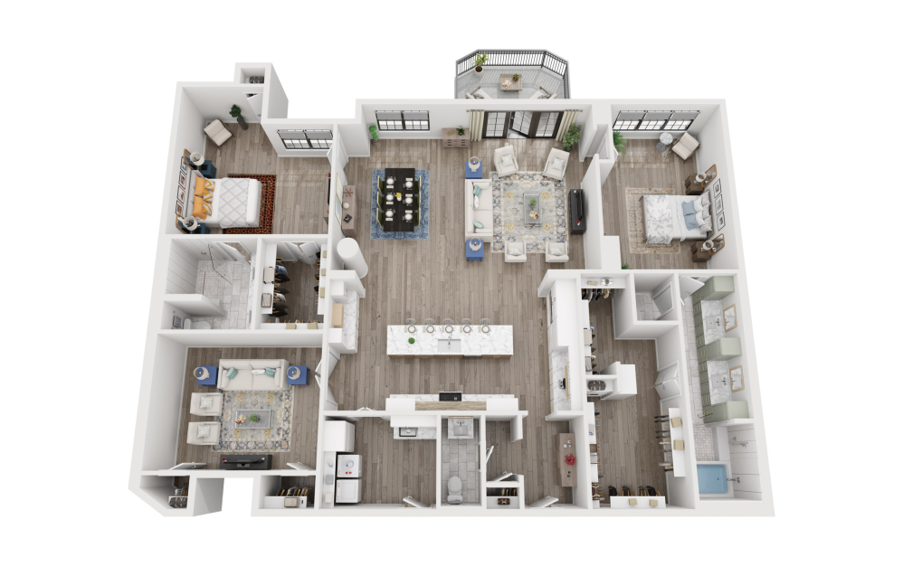 B8 - 2 bedroom floorplan layout with 2.5 bathrooms and 2579 square feet (3D)