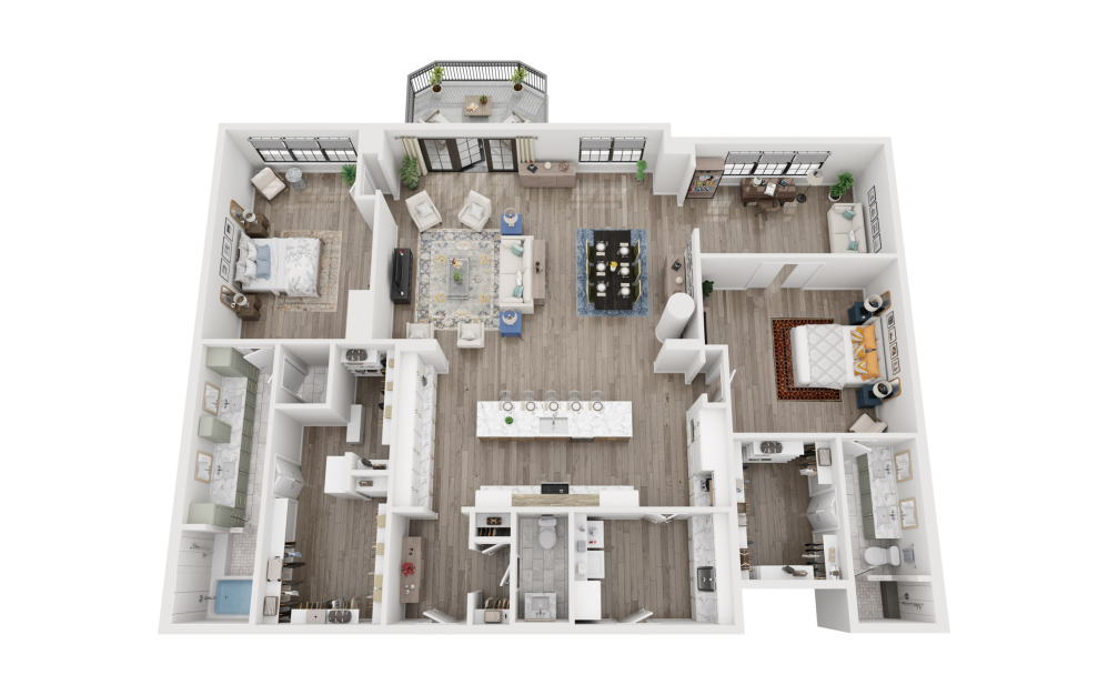 B9 - 2 bedroom floorplan layout with 2.5 bathrooms and 2521 square feet (3D)