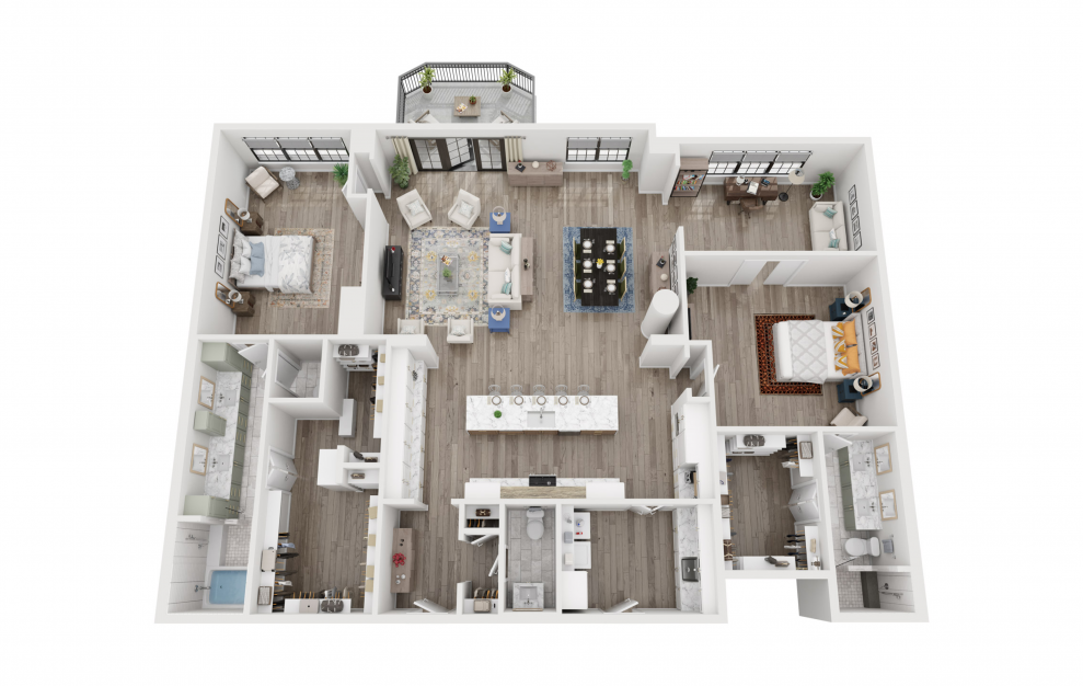 B9 - 2 bedroom floorplan layout with 2.5 baths and 2521 square feet. (3D)