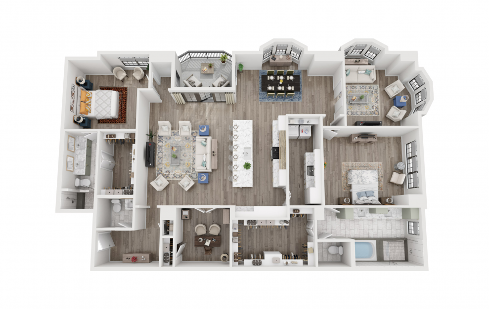 BOC2 - 2 bedroom floorplan layout with 2.5 baths and 2570 square feet. (3D)
