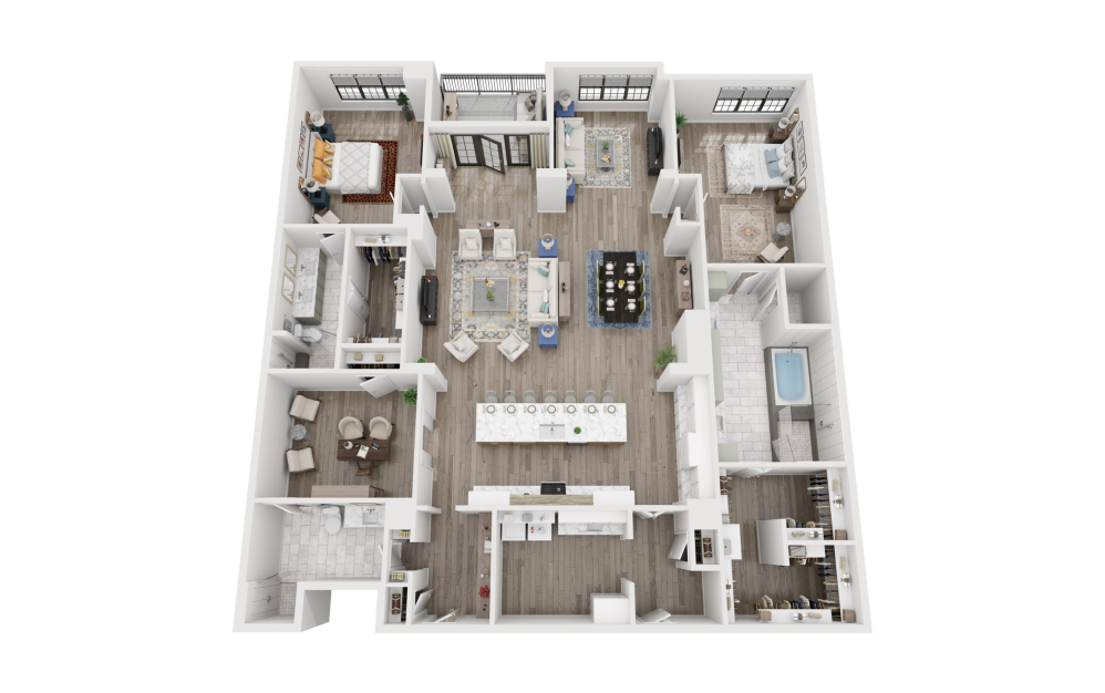 C1 - 2 bedroom floorplan layout with 3 bathrooms and 2955 square feet (3D)