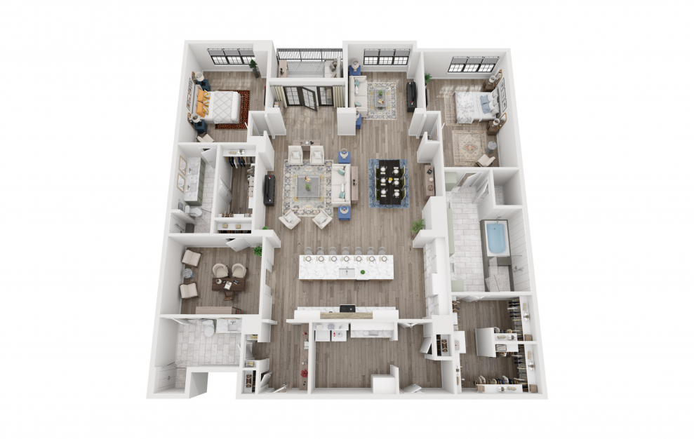 C1 - 2 bedroom floorplan layout with 3 baths and 2955 square feet. (3D)