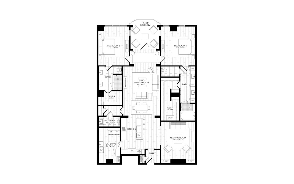B1 - 2 bedroom floorplan layout with 2.5 baths and 2184 square feet. (2D)