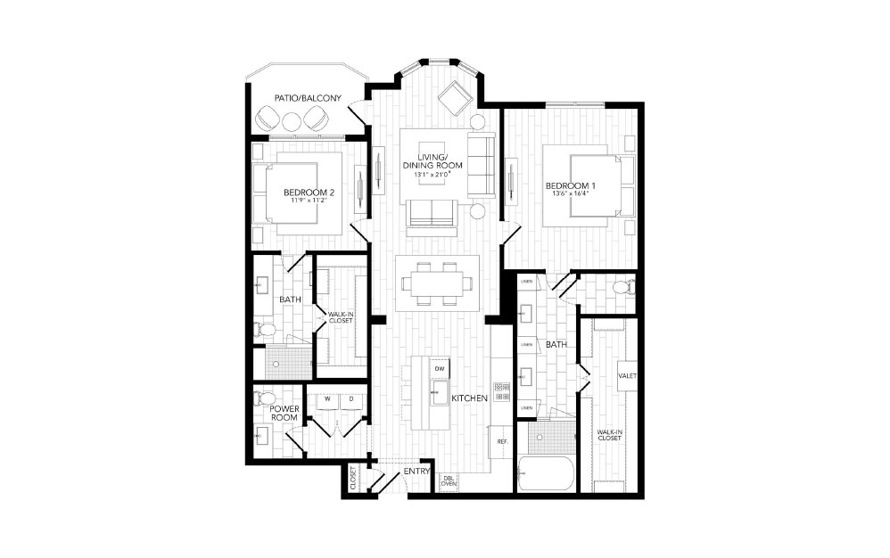 B2 - 2 bedroom floorplan layout with 2.5 baths and 1585 square feet. (2D)