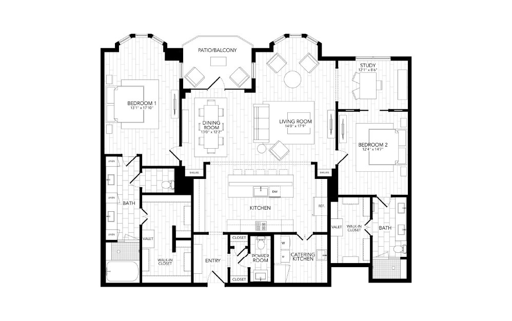 B3 - 2 bedroom floorplan layout with 2.5 baths and 2152 square feet. (2D)