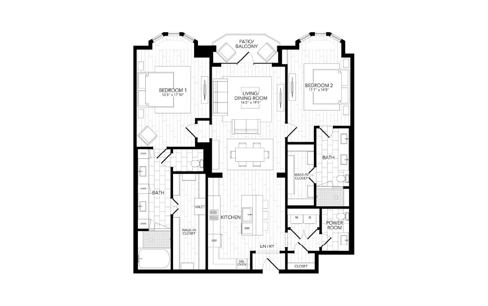 B4 - 2 bedroom floorplan layout with 2.5 baths and 1644 square feet. (2D)