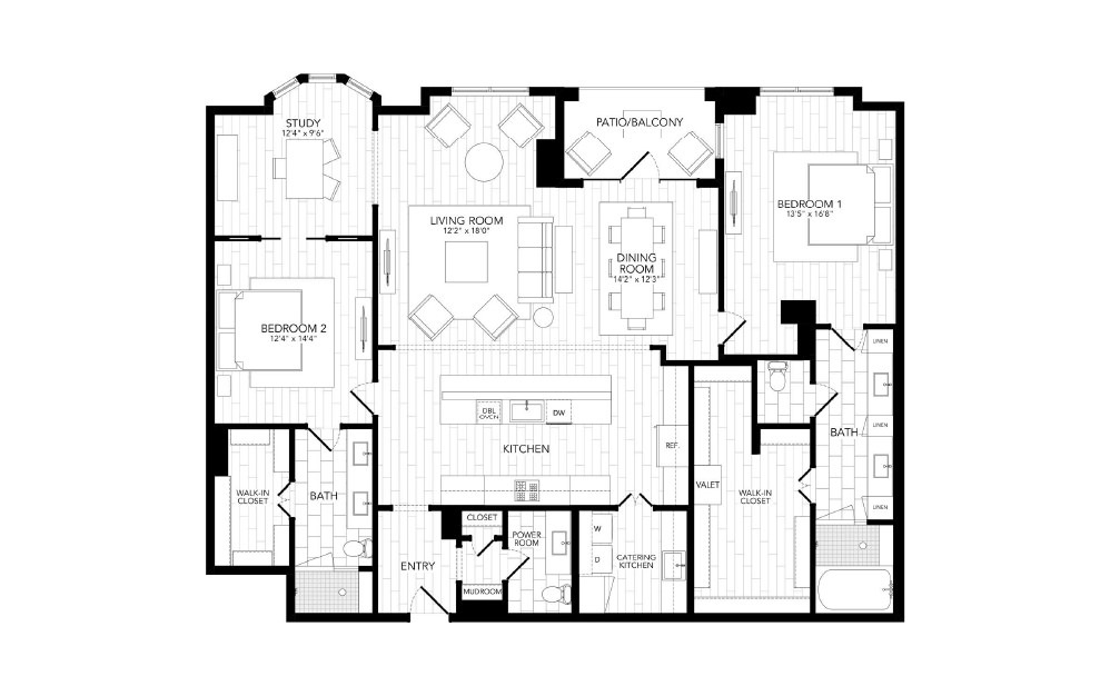 B5 - 2 bedroom floorplan layout with 2.5 baths and 2138 square feet. (2D)