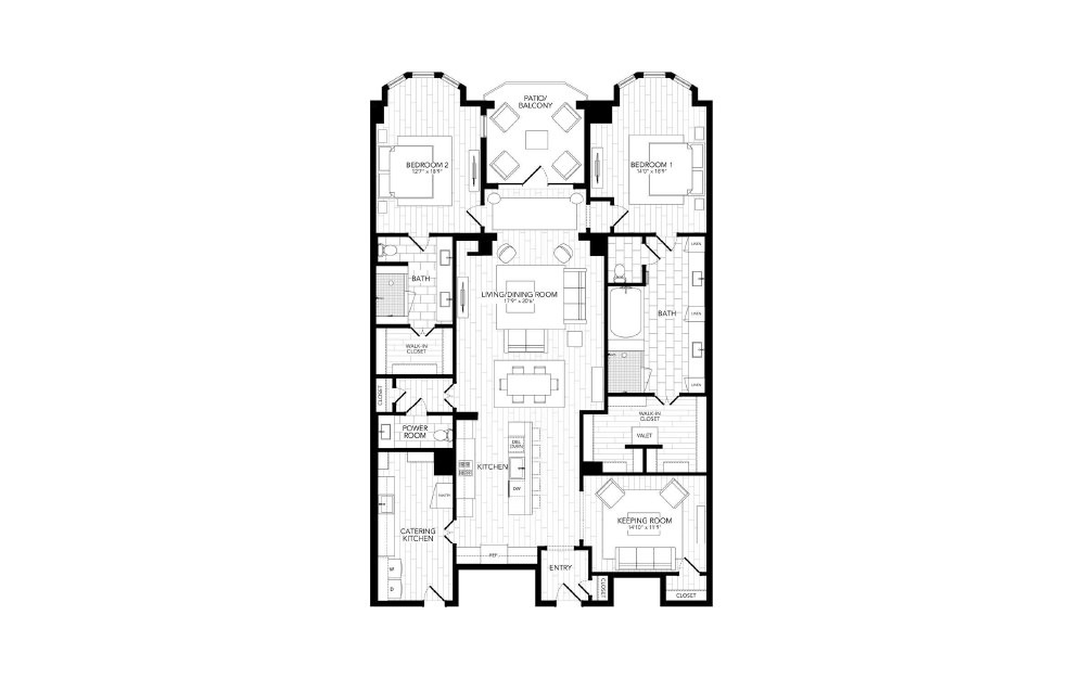 B7 - 2 bedroom floorplan layout with 2.5 baths and 2293 square feet. (2D)