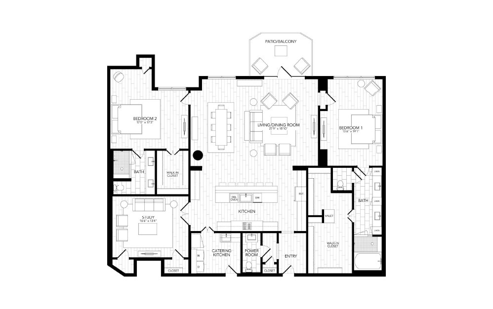 B8 - 2 bedroom floorplan layout with 2.5 baths and 2579 square feet. (2D)