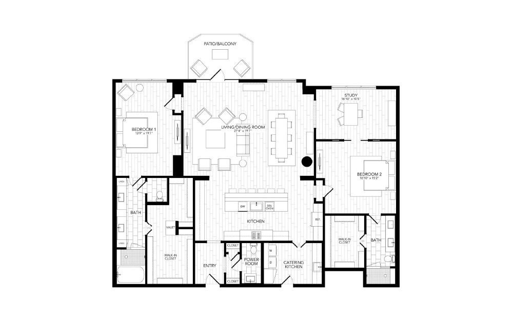 B9 - 2 bedroom floorplan layout with 2.5 baths and 2521 square feet. (2D)