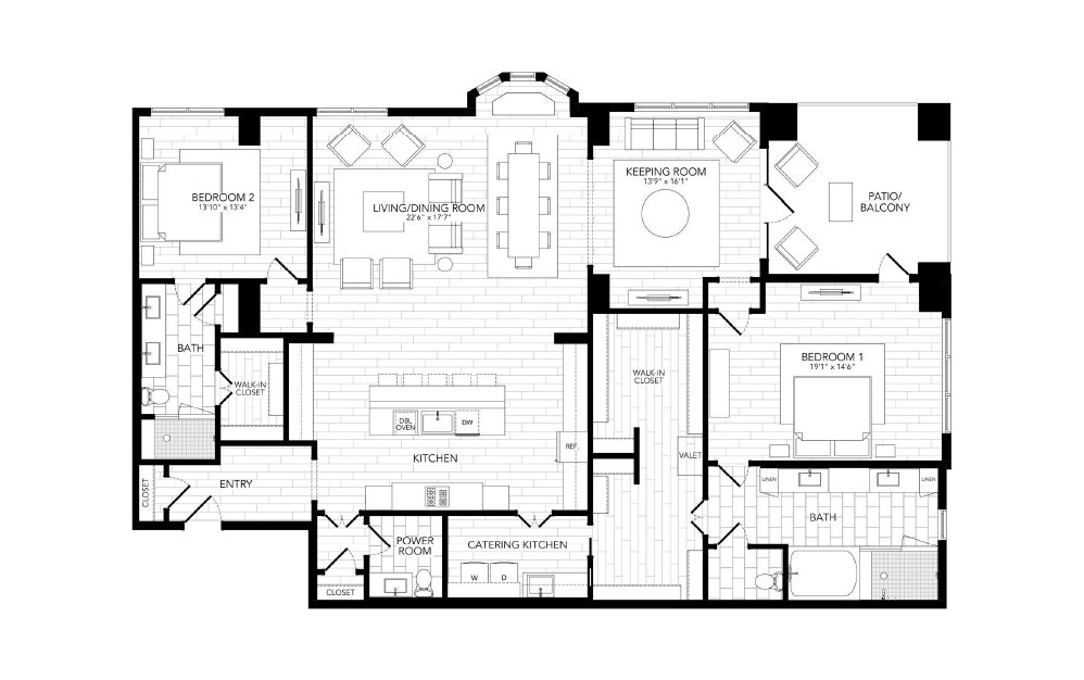 BOC1 - 2 bedroom floorplan layout with 2.5 baths and 2432 square feet. (2D)
