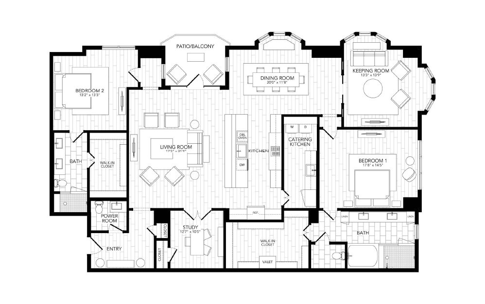 BOC2 - 2 bedroom floorplan layout with 2.5 baths and 2570 square feet. (2D)