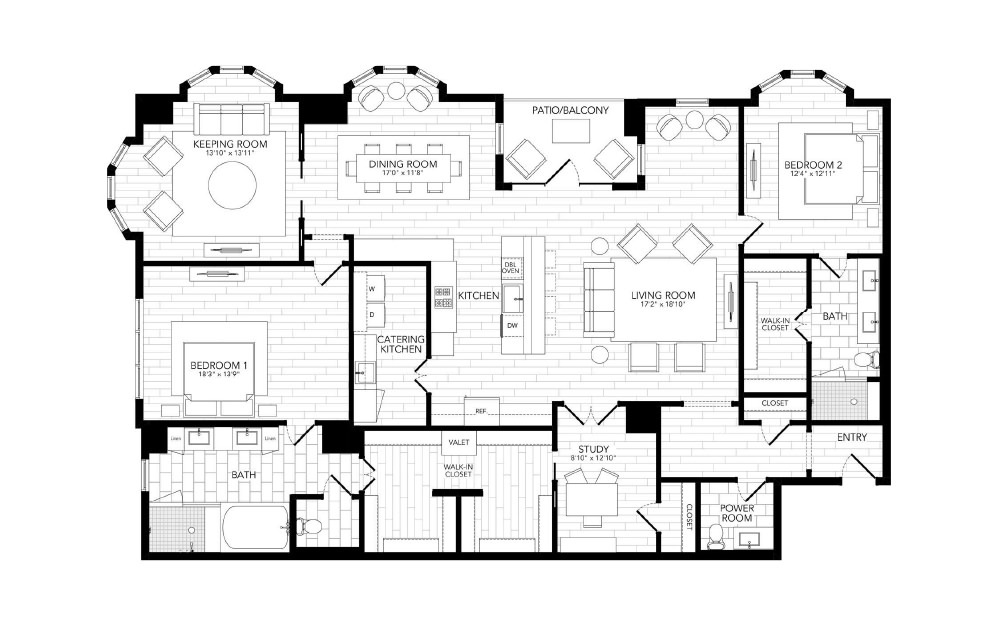 BOC3 - 2 bedroom floorplan layout with 2.5 baths and 2614 square feet. (2D)