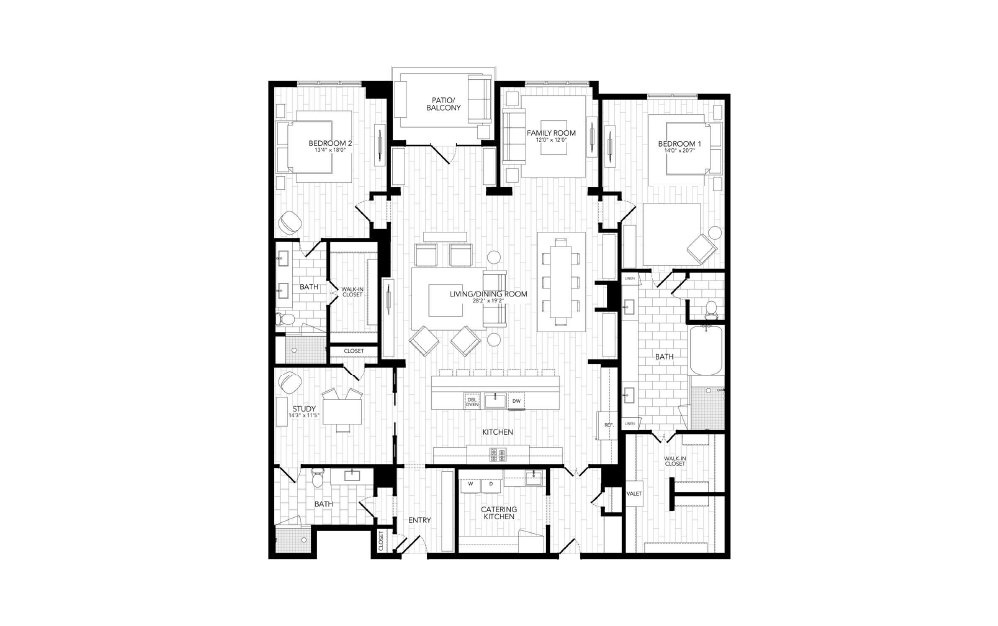 C2 - 2 bedroom floorplan layout with 3 baths and 2956 square feet. (2D)