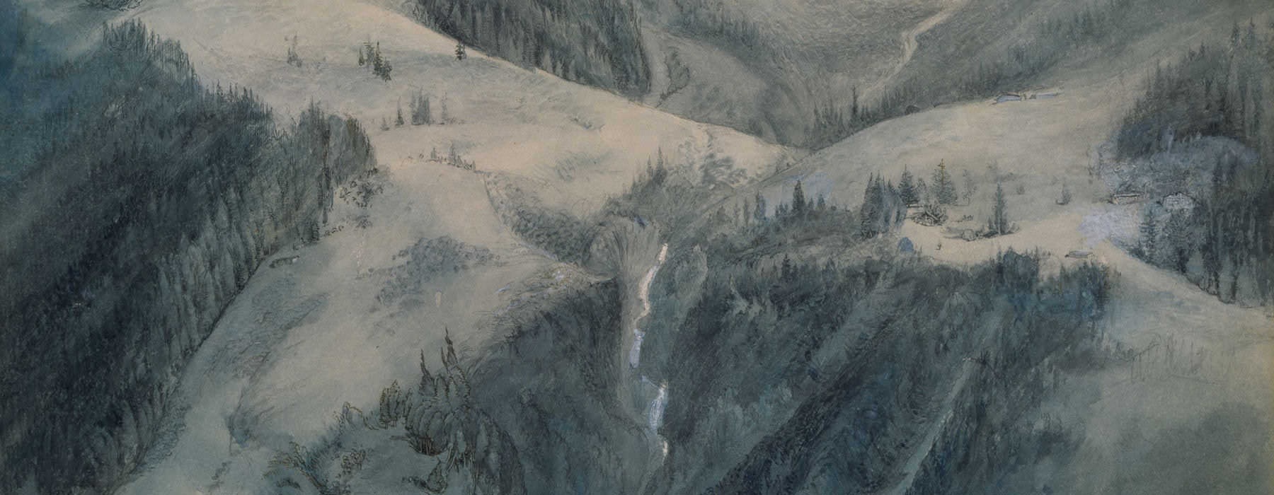 painting of snow covered mountain slopes with trees and river